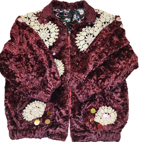 Unique Funky Crushed Velvet Dollie Decorated Zip-Up Bomber Style Jacket - Picture 4 of 13